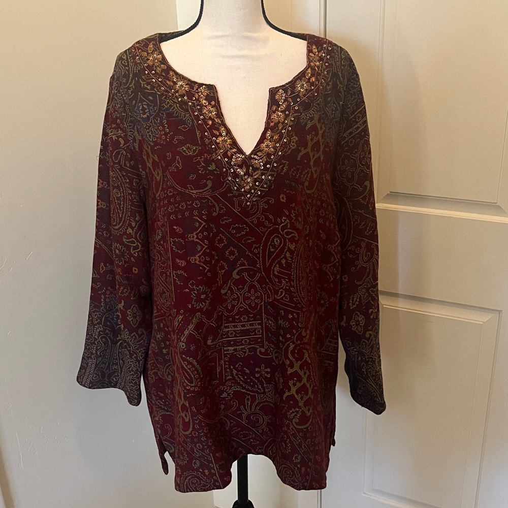 Soft Surroundings Burgundy and Gold Paisley Tunic 2X